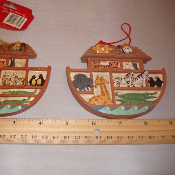 Noah's Ark Vintage 2 ornaments appear to be looking at Noah and animals in Ark - Picture 2 of 8